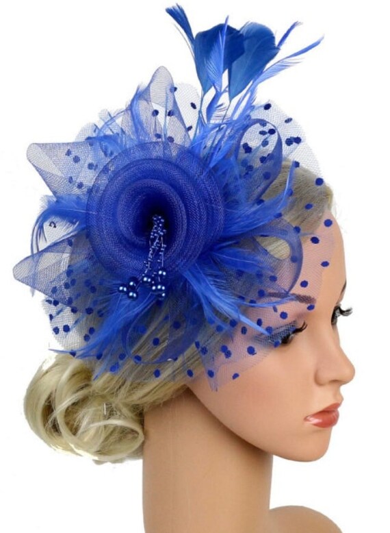Blue Wedding Fascinator Feather and Net 