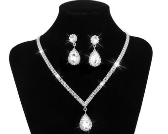 Crystal Bridal Necklace Set Silver Water Drop Necklace and Earrings - Wedding Jewellery / Bridal Jewellery