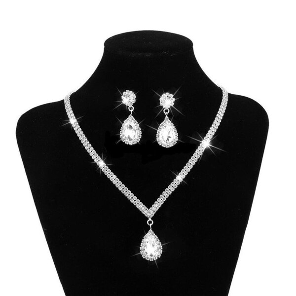 Crystal Bridal Necklace Set Silver Water Drop Necklace and Earrings - Wedding Jewellery / Bridal Jewellery