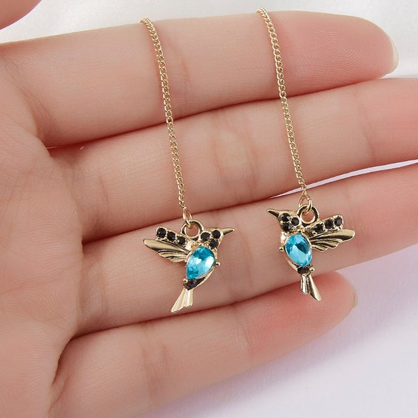 Hummingbird Threader Earrings Gold / Blue - Women's Earrings - Women's Fashion Jewellery - Gifts For Her