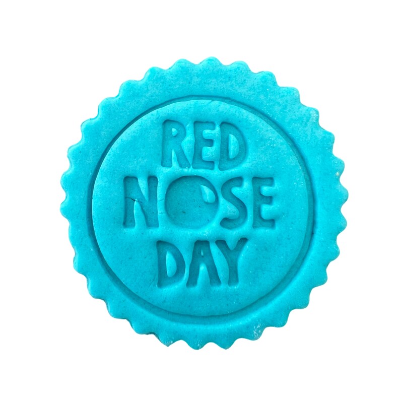 May include: A blue round cookie with the words "Red Nose Day" embossed on it.