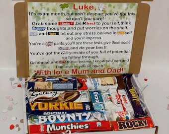 Exam survival kit box , Good luck on your exams chocolate poem box , letterbox gift , GCSE's / a levels/ uni survival chocolate box
