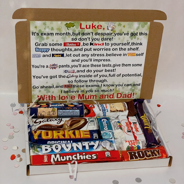 Exam survival kit box , Good luck on your exams chocolate poem box , letterbox gift , GCSE's / a levels/ uni survival chocolate box