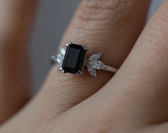 Hand Crafted Engagement ring, 1ct Emerald Shape Black Onyx, Side Marquise Diamond, Lab Grown, Casted in 14k Gold, Rose Gold & White gold,