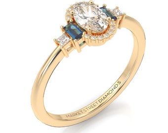 Vintage Engagement Halo Ring, Oval LG Diamond & Sapphire, Promise/Wedding Ring in 14k Yellow/White/Rose Gold