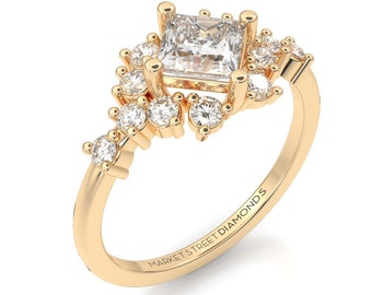 Princess Cut Art Deco Engagement Ring | Durable Cluster Diamond Ring | Sustainable Diamond Engagement Ring | Unique Square Diamond Ring
