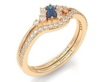 Vintage, Engagement Ring, Blue Sapphire Gemstone Lab Grown Diamond Rings, 14k Yellow Gold, Rose Gold, White Gold Wedding Set, Black Box