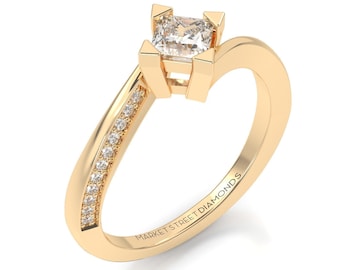 Engagement Ring, Princess-Cut Lab-Grown Diamond, Unique Design, Anniversary/Promise Ring in 14k Gold, Handcrafted Wedding Ring