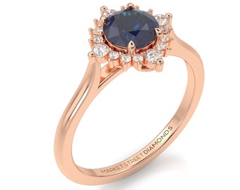 Sapphire & Diamond Engagement Ring, Halo, 14k, Rose Gold, White Gold, Yellow Gold Bridal Gift, Wedding Ring, Anniversary Ring, Black Box