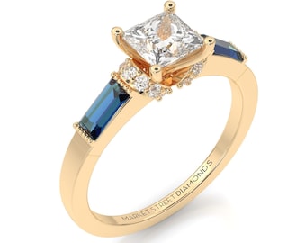 Princess Cut with Side Sapphires Engagement Ring in 14k Yellow Gold, Rose Gold, White Gold.