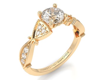 Round Diamond | Lab Grown IGI Certify | Art Deco Engagement Ring | 14k Yellow Gold | Rose Gold | White Gold