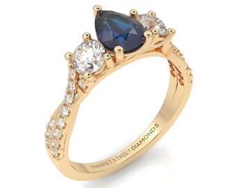 Three Stone Pear Shape Sapphire Engagement Ring in 14k Yellow Gold, Rose Gold, White Gold