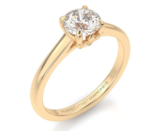 Round Lab Grown Diamond, Engagement Ring, Fleur De Lis Ring, Wedding Ring, Promise Ring, Anniversary Gift 14k Yellow Gold, Black Box