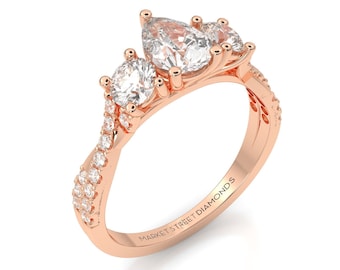 Three Stone Engagement Ring | Pear & Round Diamonds | Lab Grown | IGI Certify| 14k | Yellow Gold | Rose Gold | White Gold | Custom Ring