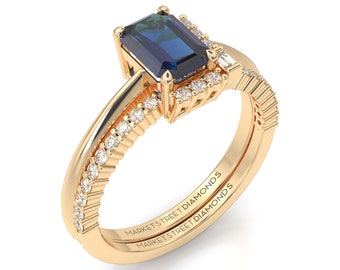 Sapphire & Diamonds Engagement Rings, 1ct Emerald Sapphire, Yellow Gold, Rose Gold, White Gold, Matching Diamond Wedding Band Included