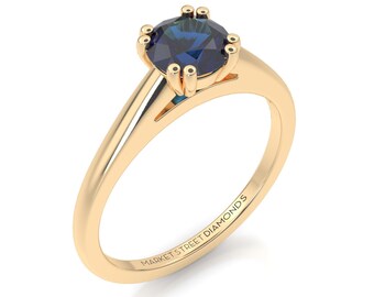 Blue Round Sapphire Peekaboo Engagement Ring in 14k Yellow Gold, Rose Gold, White Gold, Black Box