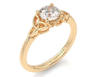 Round Diamond Celtic Inspired Engagement Ring in 14k Yellow Gold, Rose Gold, White Gold