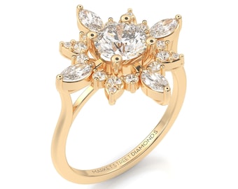Halo Round Diamond  Engagement Ring in 14k Yellow Gold, Rose Gold, White Gold Wedding Gift Bridal Ring