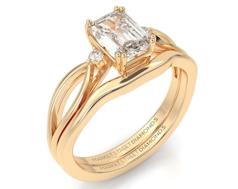 Emerald Diamond Gold Ring | Matching Wedding Band | 14k Yellow Gold | Rose Gold | White Gold | Bridal Set | Custom Piece