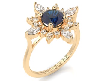 Diamond Halo and Round Blue Sapphire Engagement Ring in 14k Yellow Gold, Rose Gold, White Gold Wedding Gift, Black Box
