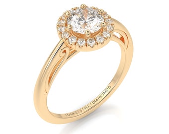 Halo Engagement Rings, Unique Band, 1ct Round Lab Diamonds, 14k Yellow Gold band, White Gold, Rose Gold, IGI Certify