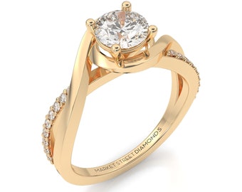 Round Lab Grown Diamond Twisted Vine Pave Engagement Ring in 14k Yellow Gold, Rose Gold, White Gold