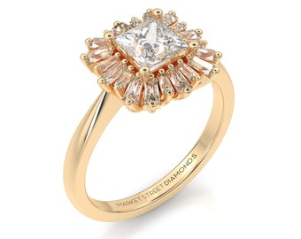 Art Deco Lab-grown Princess Diamond Engagement Ring in 14k Yellow Gold, Rose Gold, White Gold