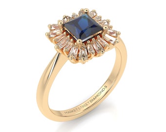 Art Deco, Halo Engagement Ring, Sapphire & Diamonds, Bridal Ring, Wedding Rings, Promise Rings, 14k Yellow Gold, White Gold, Rose Gold