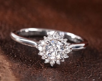 Handcrafted Delicate Halo Engagement Ring 1.5ct Round Lab Grown Diamonds Handcrafted In 14k Gold