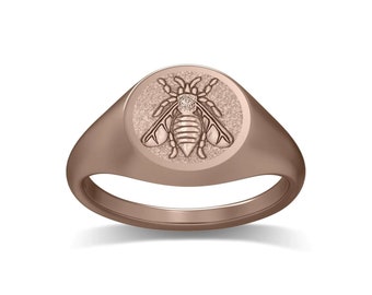 Honey Bee Round Signet Ring - Bee Inspired Style, 14k, White Gold, Rose Gold, White Gol Colors Available, 9mm, Environmental Friendly