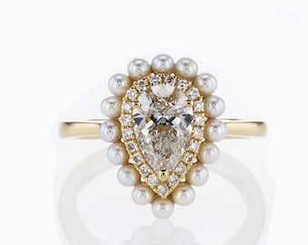 Pear Halo Seed Pearls Diamond Engagement Ring in 14k Gold