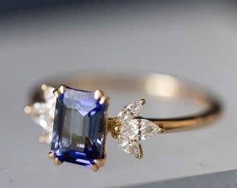 Sapphire Engagement Ring | Blue Sapphire | & | Lab Grown | Marquee Diamond | 14k | Gold Band | IGI Certify
