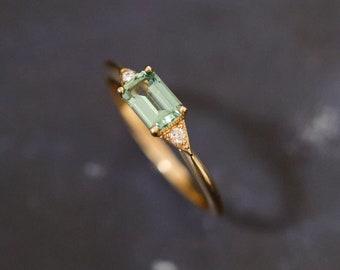 Sapphire & Diamond Engagement Ring, Minimalist Style, Teal Green, 14k Yellow Gold, Rose Gold and White Gold, Handmade Ring,