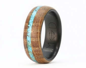 Whiskey Barrel Wood Band With Turquoise Inlay and Carbon Fiber Sleeve 8MM
