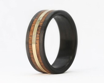 Carbon Fiber, Koa Wood & Gold Ring, Men's Wedding Band, Promise Ring, Men Ring, Black Box