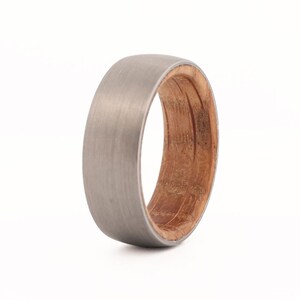 Men&#39;s Tungsten Wedding Ring with Whiskey Barrel Wood Sleeve
