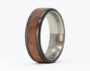 Koa Wood Wedding Band, Black Carbon Fiber & Titanium Ring
