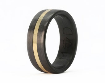 Men's Carbon Fiber Wedding Ring With Yellow Gold Band | Many Sizes Available | 100% Pure Carbon | Custom Piece