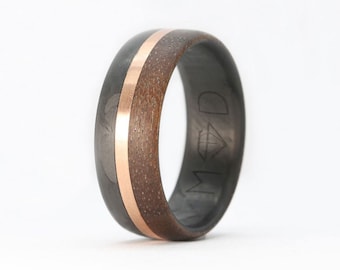 Walnut Wood, Carbon Fiber & Gold Band, Men Wedding Band, Statement Ring, Black Box
