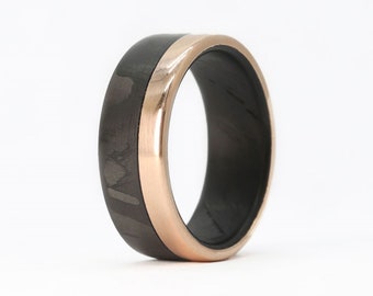 Rose Gold & Carbon Fiber Ring, Men Wedding Band, Black Box, Carbon Ring, Rose Gold Men Ring, The Baron, Black Box