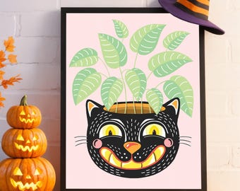 Cute Vintage Halloween Cat Plant Pot Print, Halloween wall art, Halloween poster, Spooky Autumn Decor, Printable Halloween Wall Art
