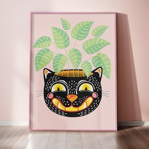 May include: A black cat planter with a wide grin and yellow teeth, filled with green leafy plants. The planter is on a pink background.