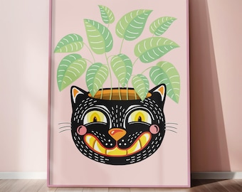 Vintage Halloween Cat Plant Pot Print: Spooky Pastel Goth Wall Art (Digital Download)