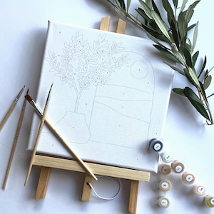 Mini Painting Kit with easel, paint by numbers adult, OLIVE, craft painting kit adult, Beginner paint template 20x20cm