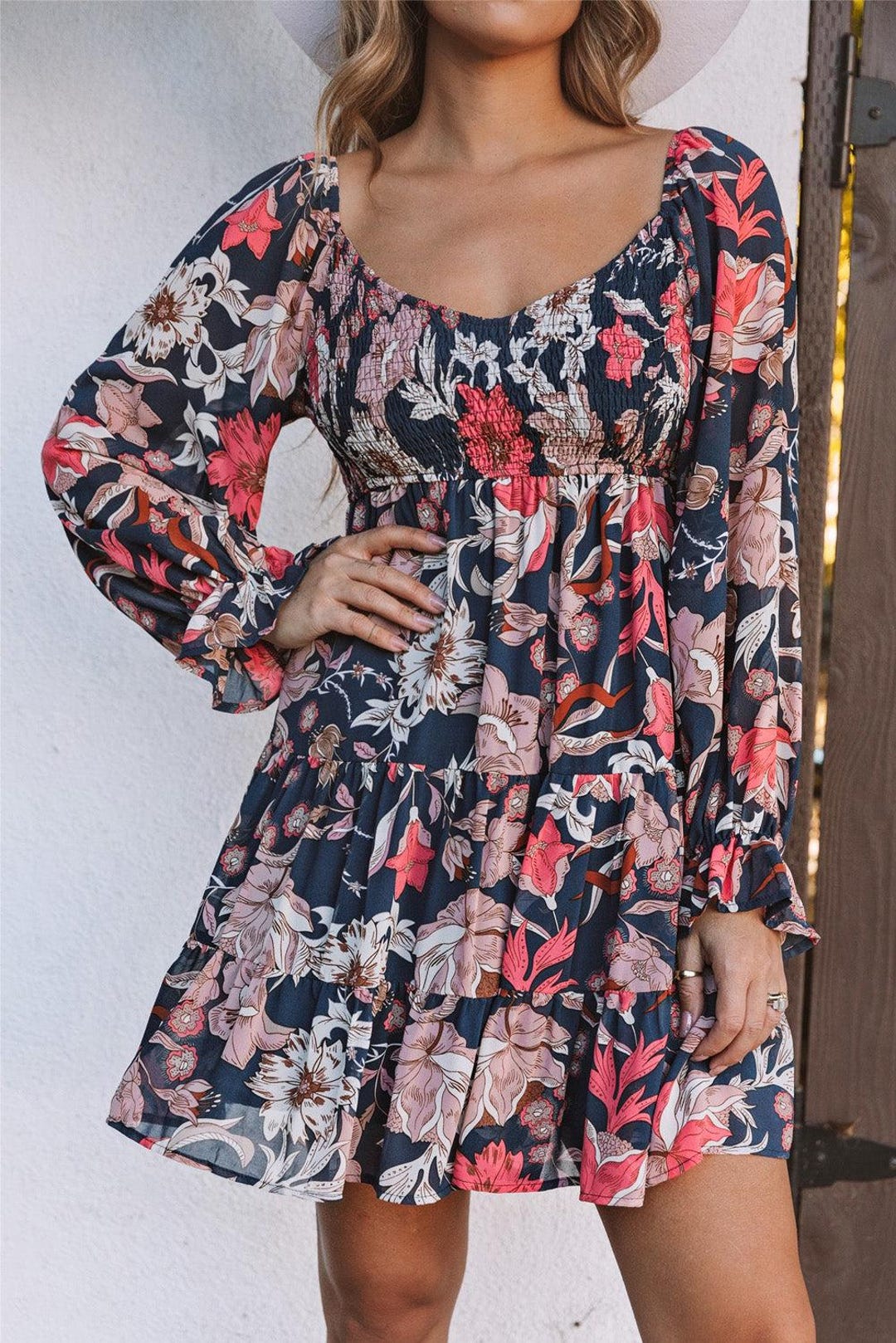 Tesia | Women's Jacquard Mini Dress V-Neck Puff Sleeve Occasion Dress