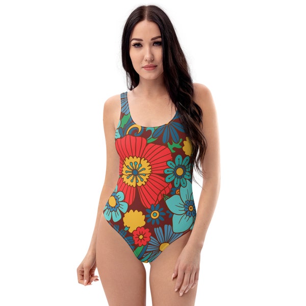 Groovy floral pattern Vintage Wildflower flower Retro Botanical Bouquet Daisy 1960s 1970s One-Piece Swimsuit Women swimwear bathing suit