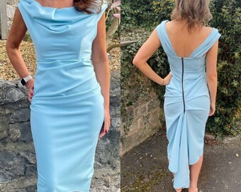 Kevan Jon Dress Size 10 Blue Mother Of The Bride, special occasion, wedding guest, Sian drape, pencil fishtail  V696.