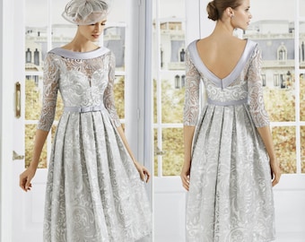 Rosa Clara Couture Club Vestido Talla 14 Plata Taupe Encaje Falda completa Madre de la novia
