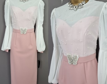 Veni Infantino Dress Size 8 Blush Pink chiffon pearls Mother Of The Bride  V799.