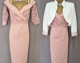 Veni Infantino Dress & Jacket Size 10 Ivory Pink Midi Mother Of The Bride  V832.